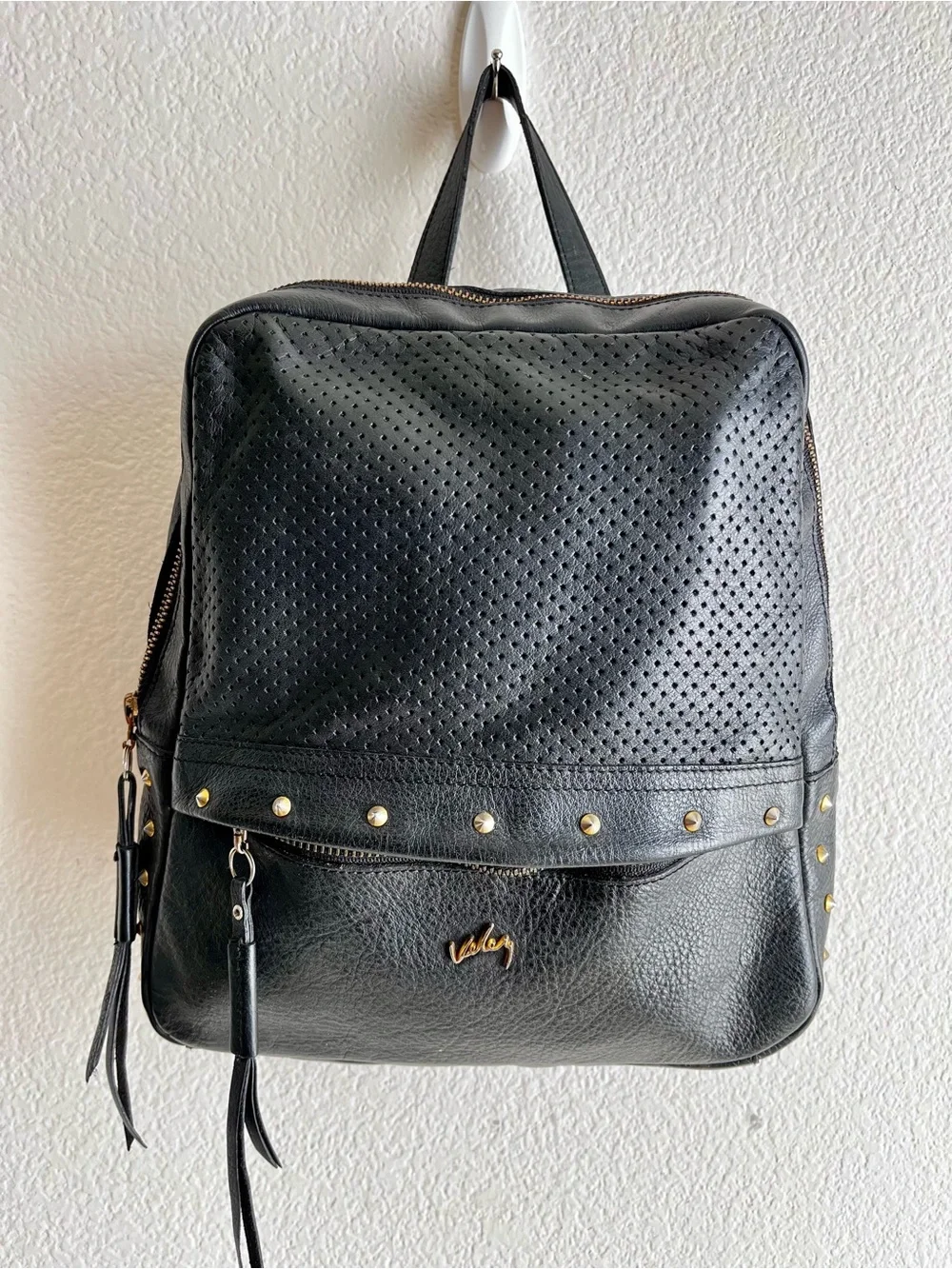 Velez Black Leather Backpack with Gold Stud Accents